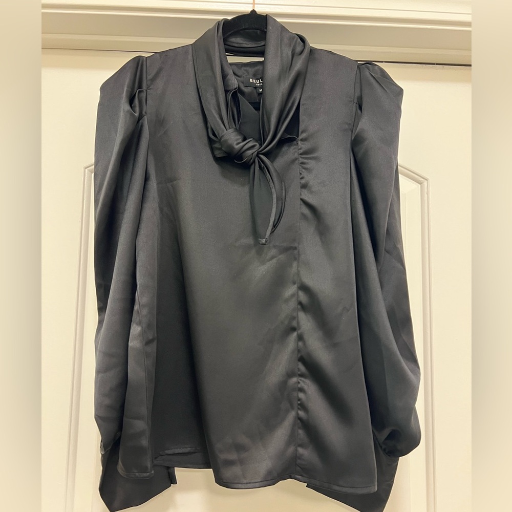 NWT Beulah Black Satin Blouse with Tie Neck